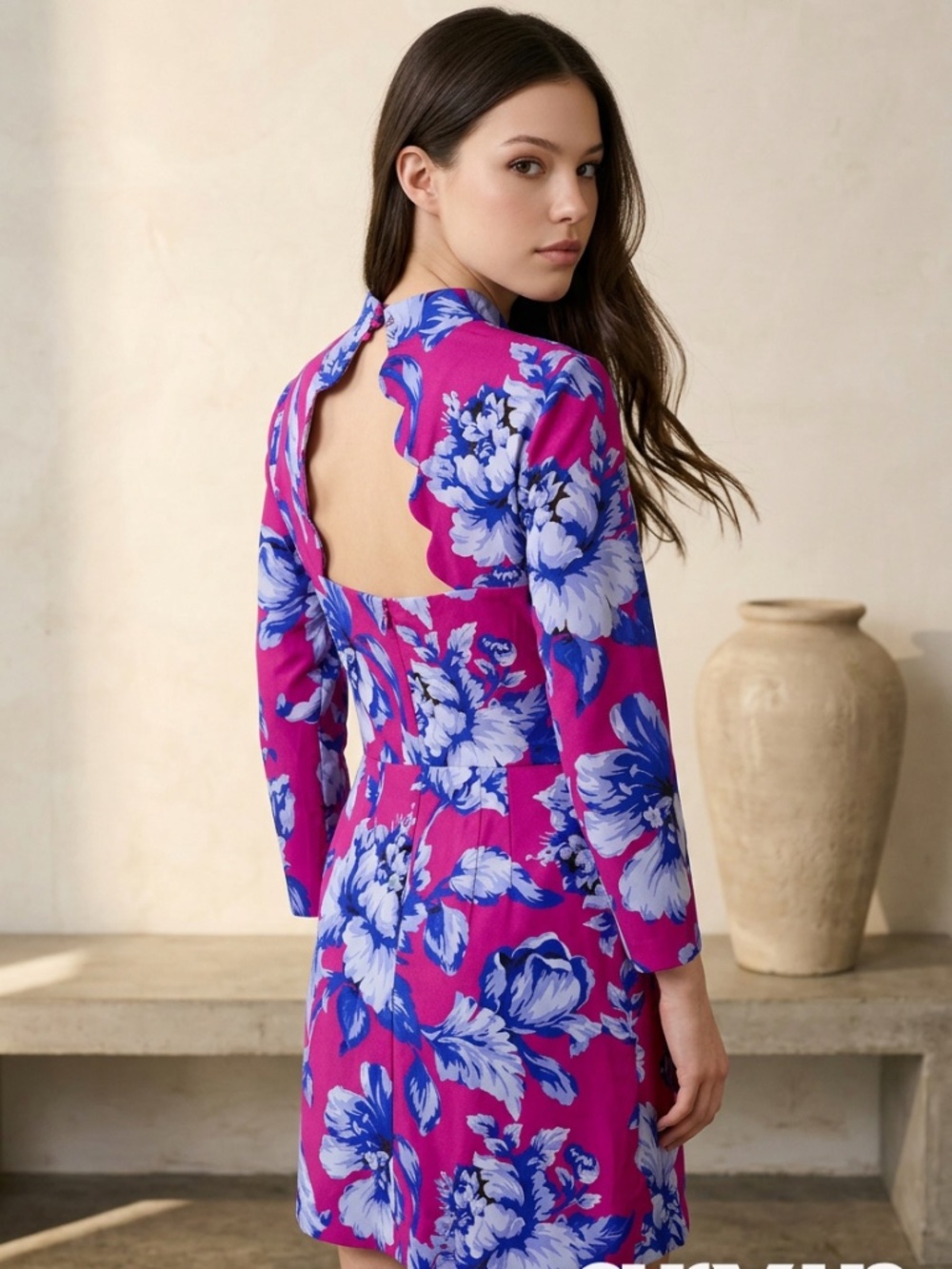 Anthropologie Maeve Floral Mini Dress, Long Sleeve Open Back Scalloped Hem Sz. 8